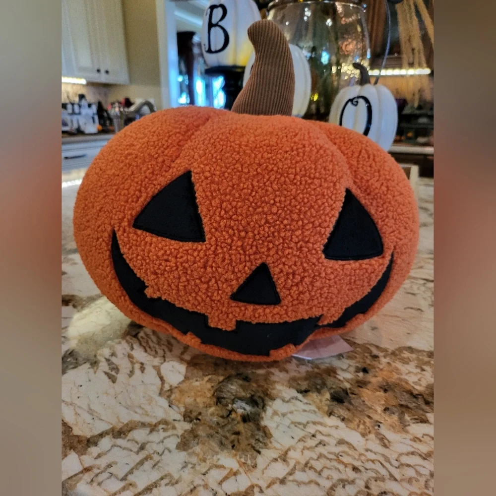 Sherpa Jack O Lantern Plush Pumpkin Pillow Halloween Decor NEW NWT